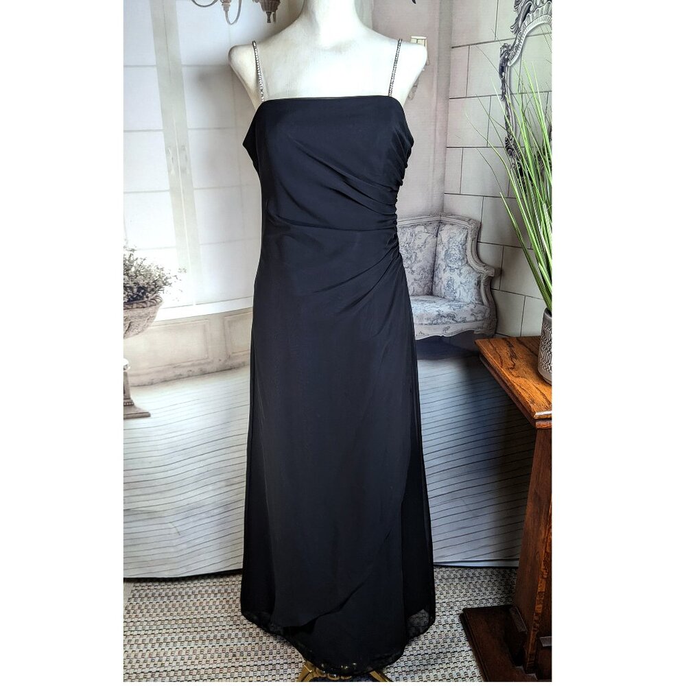 Joanie G Elegant Black Chiffon Layered Gown Formal Rhinestone Straps sz 6